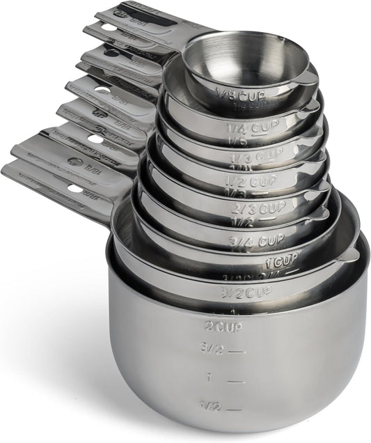 Stainless Steel Measuring Cups Set - (9 Piece Set) - Stackable Set with Spout - Includes 2 Cup and 1.5 Cup