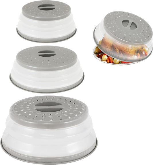 3 Pack Collapsible Microwave Food Covers, Splatter Guard,Vented Microwave Lid for Food, BPA free TPR, Dishwasher safe,Gray，Large, Medium, Small