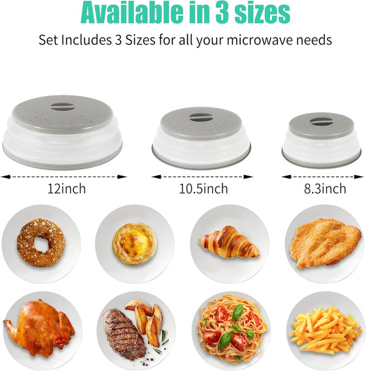 3 Pack Collapsible Microwave Food Covers, Splatter Guard,Vented Microwave Lid for Food, BPA free TPR, Dishwasher safe,Gray，Large, Medium, Small