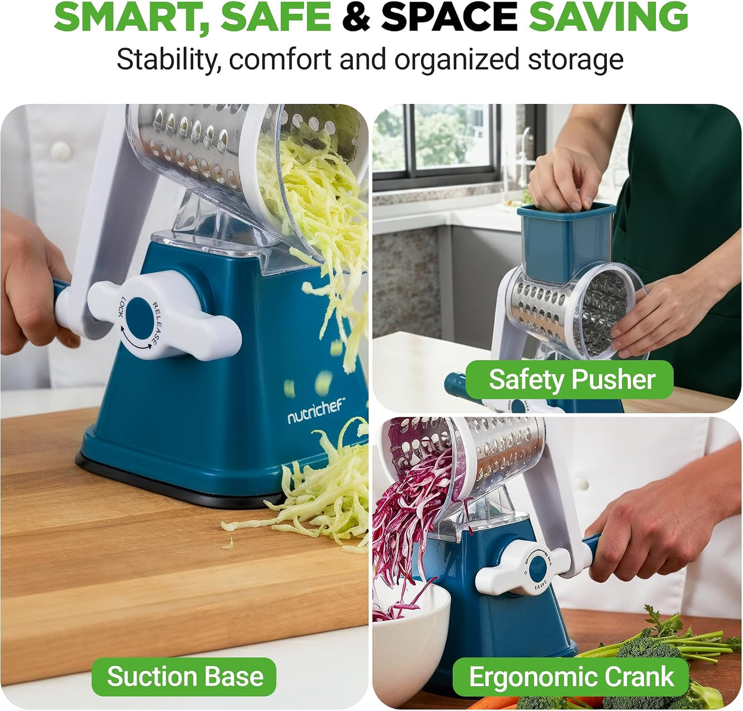 Nutrichef 3 in 1 Cheese Grater & Shredder | Strong Suction Base, Rotary Handle with Safety Lock | Includes Hand Crank & 3 Drum Blades for 3 Textures, Fine, Medium & Strips | Blue