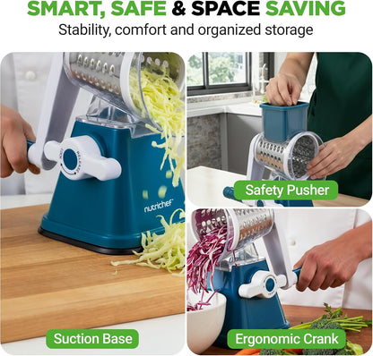 Nutrichef 3 in 1 Cheese Grater & Shredder | Strong Suction Base, Rotary Handle with Safety Lock | Includes Hand Crank & 3 Drum Blades for 3 Textures, Fine, Medium & Strips | Blue