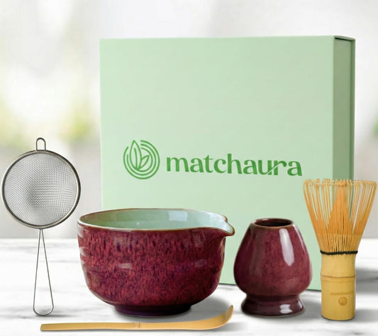 Premium Matcha Whisk Set – 5 Piece Japanese Tea Ceremony Kit | Spouted Ceramic Bowl, Bamboo Whisk, Holder, Scoop, Sifter – Essentials for Smooth Matcha Preparation - Magnetic Gift Box