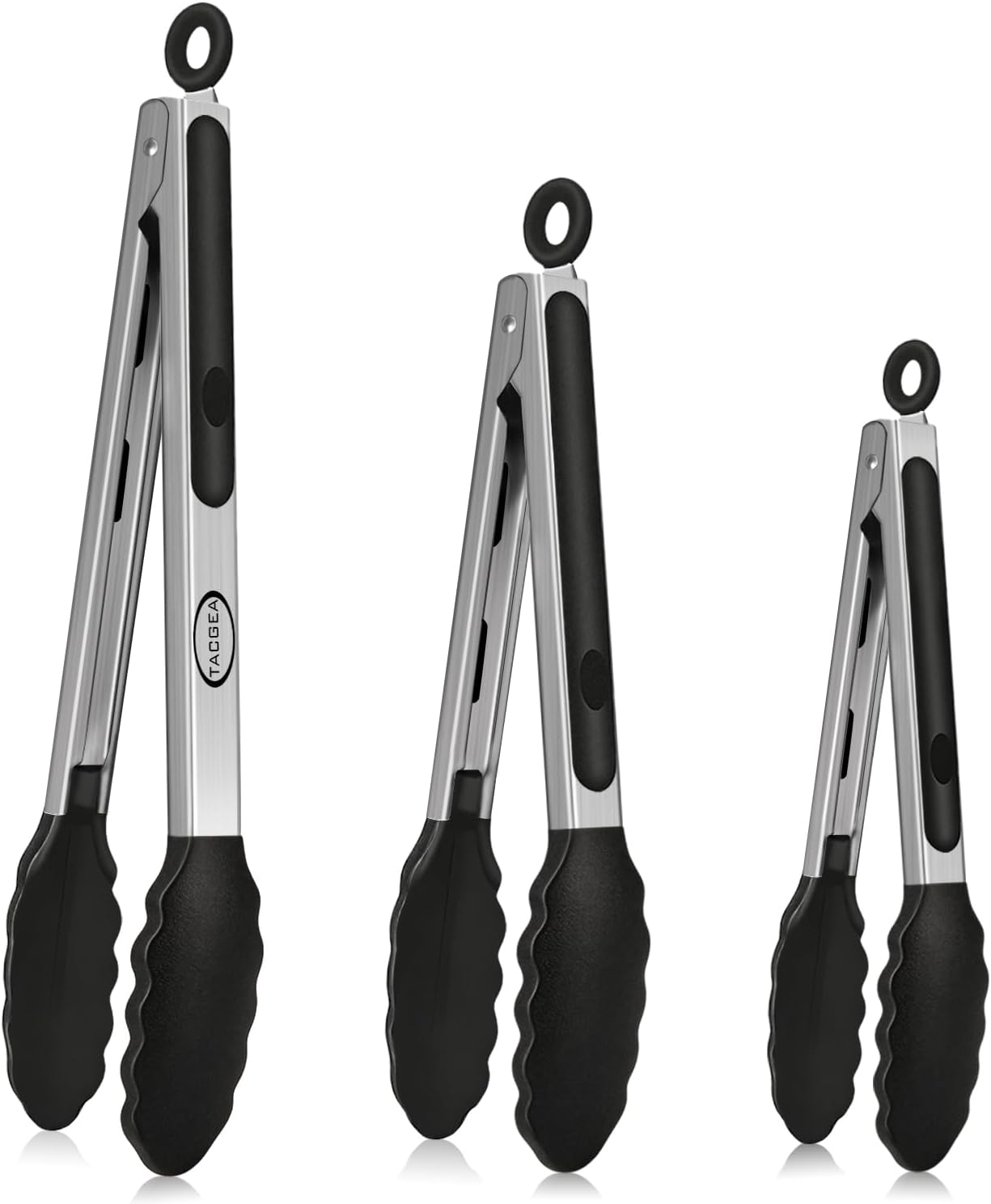 Stainless Steel Kitchen Tongs with Silicone Tips, Locking Grilling Food Tongs, 7" 9" and 12", Set of 3 Black