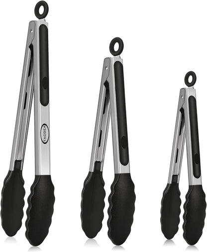 Stainless Steel Kitchen Tongs with Silicone Tips, Locking Grilling Food Tongs, 7" 9" and 12", Set of 3 Black
