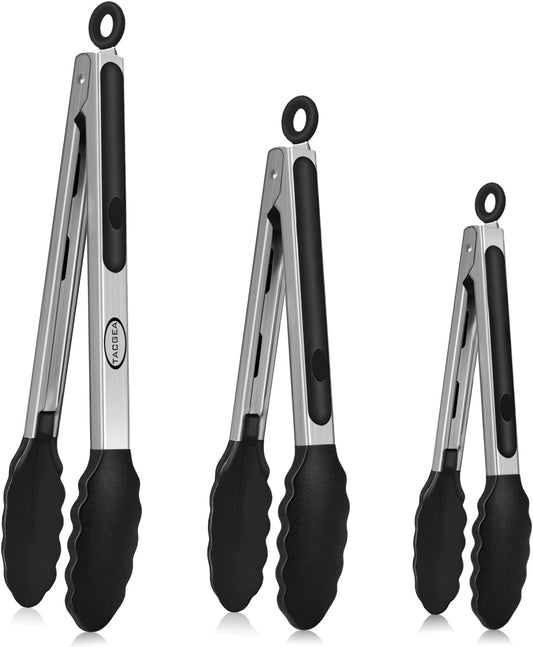 Stainless Steel Kitchen Tongs with Silicone Tips, Locking Grilling Food Tongs, 7" 9" and 12", Set of 3 Black