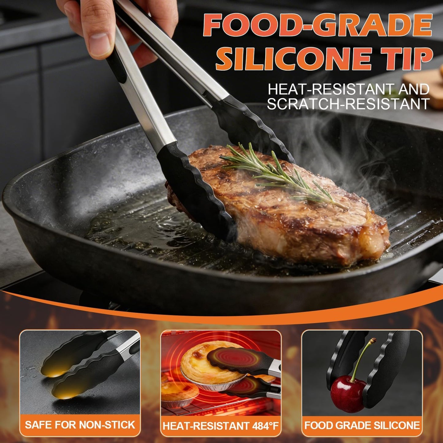 Stainless Steel Kitchen Tongs with Silicone Tips, Locking Grilling Food Tongs, 7" 9" and 12", Set of 3 Black