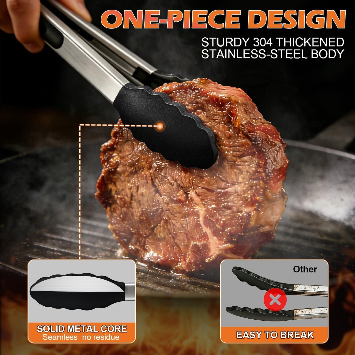 Stainless Steel Kitchen Tongs with Silicone Tips, Locking Grilling Food Tongs, 7" 9" and 12", Set of 3 Black