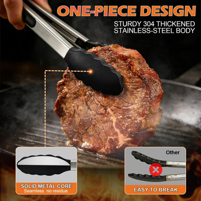 Stainless Steel Kitchen Tongs with Silicone Tips, Locking Grilling Food Tongs, 7" 9" and 12", Set of 3 Black