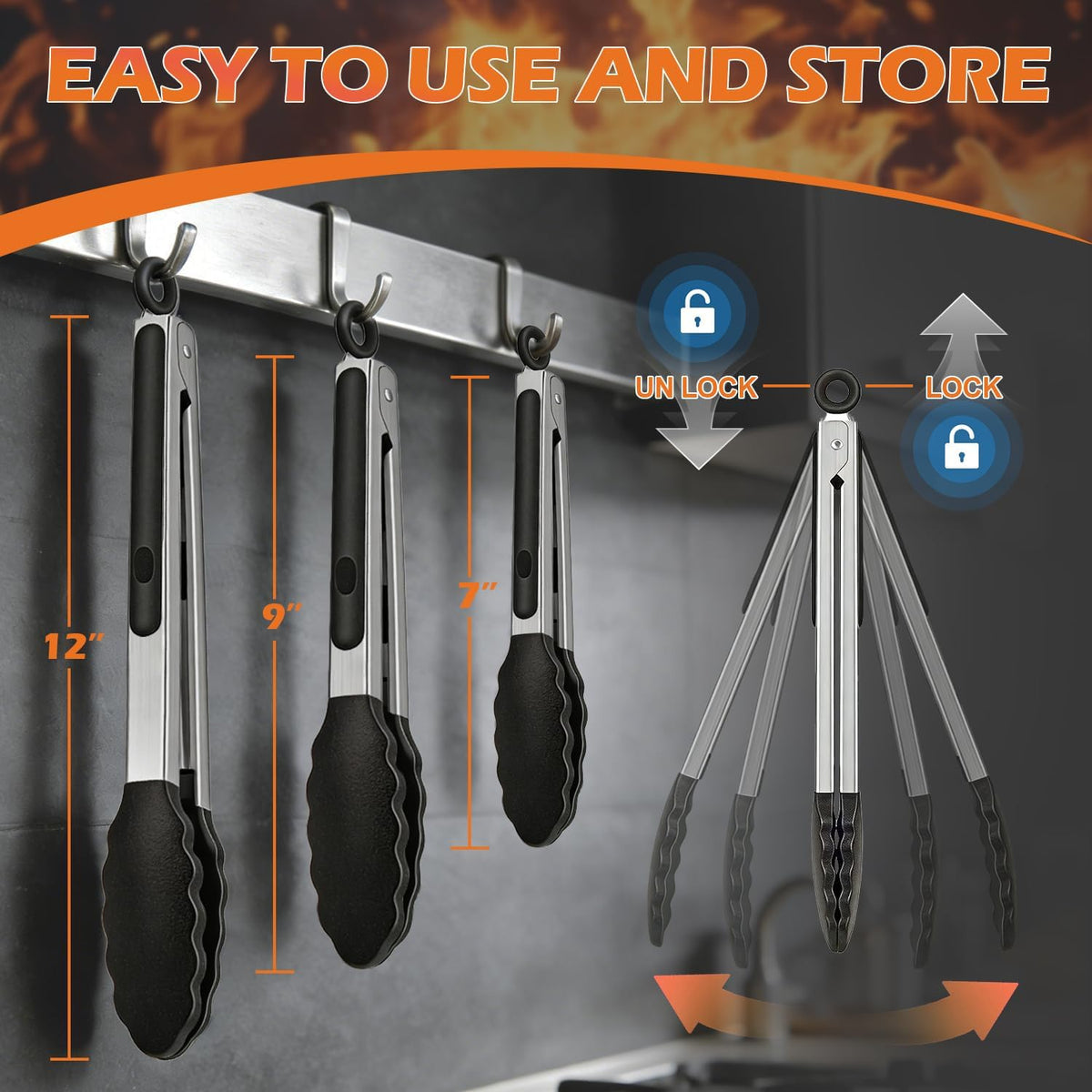 Stainless Steel Kitchen Tongs with Silicone Tips, Locking Grilling Food Tongs, 7" 9" and 12", Set of 3 Black