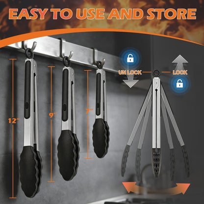 Stainless Steel Kitchen Tongs with Silicone Tips, Locking Grilling Food Tongs, 7" 9" and 12", Set of 3 Black