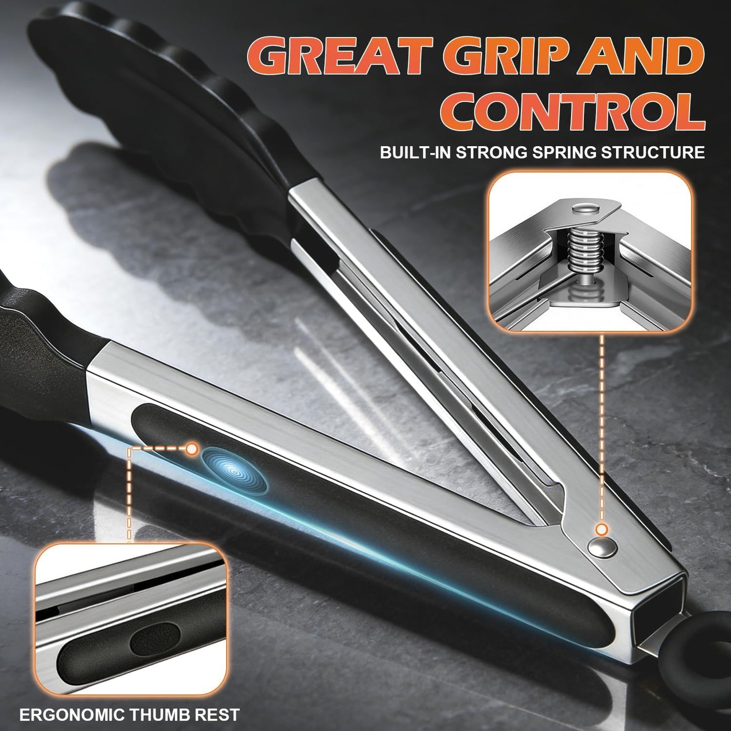 Stainless Steel Kitchen Tongs with Silicone Tips, Locking Grilling Food Tongs, 7" 9" and 12", Set of 3 Black