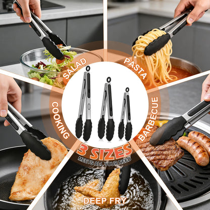 Stainless Steel Kitchen Tongs with Silicone Tips, Locking Grilling Food Tongs, 7" 9" and 12", Set of 3 Black