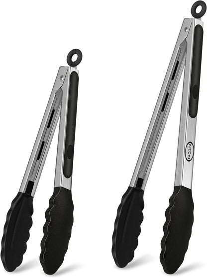 Stainless Steel Kitchen Tongs with Silicone Tips, Locking Grilling Food Tongs, 7" 9" and 12", Set of 3 Black