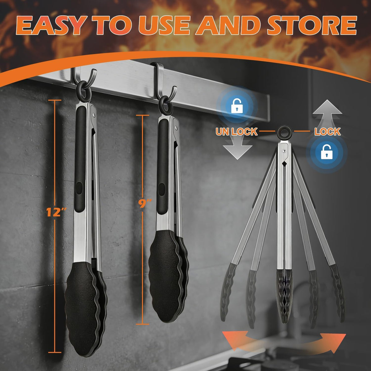 Stainless Steel Kitchen Tongs with Silicone Tips, Locking Grilling Food Tongs, 7" 9" and 12", Set of 3 Black