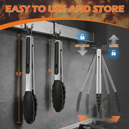 Stainless Steel Kitchen Tongs with Silicone Tips, Locking Grilling Food Tongs, 7" 9" and 12", Set of 3 Black