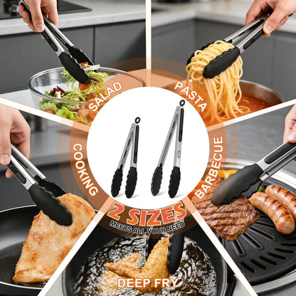 Stainless Steel Kitchen Tongs with Silicone Tips, Locking Grilling Food Tongs, 7" 9" and 12", Set of 3 Black