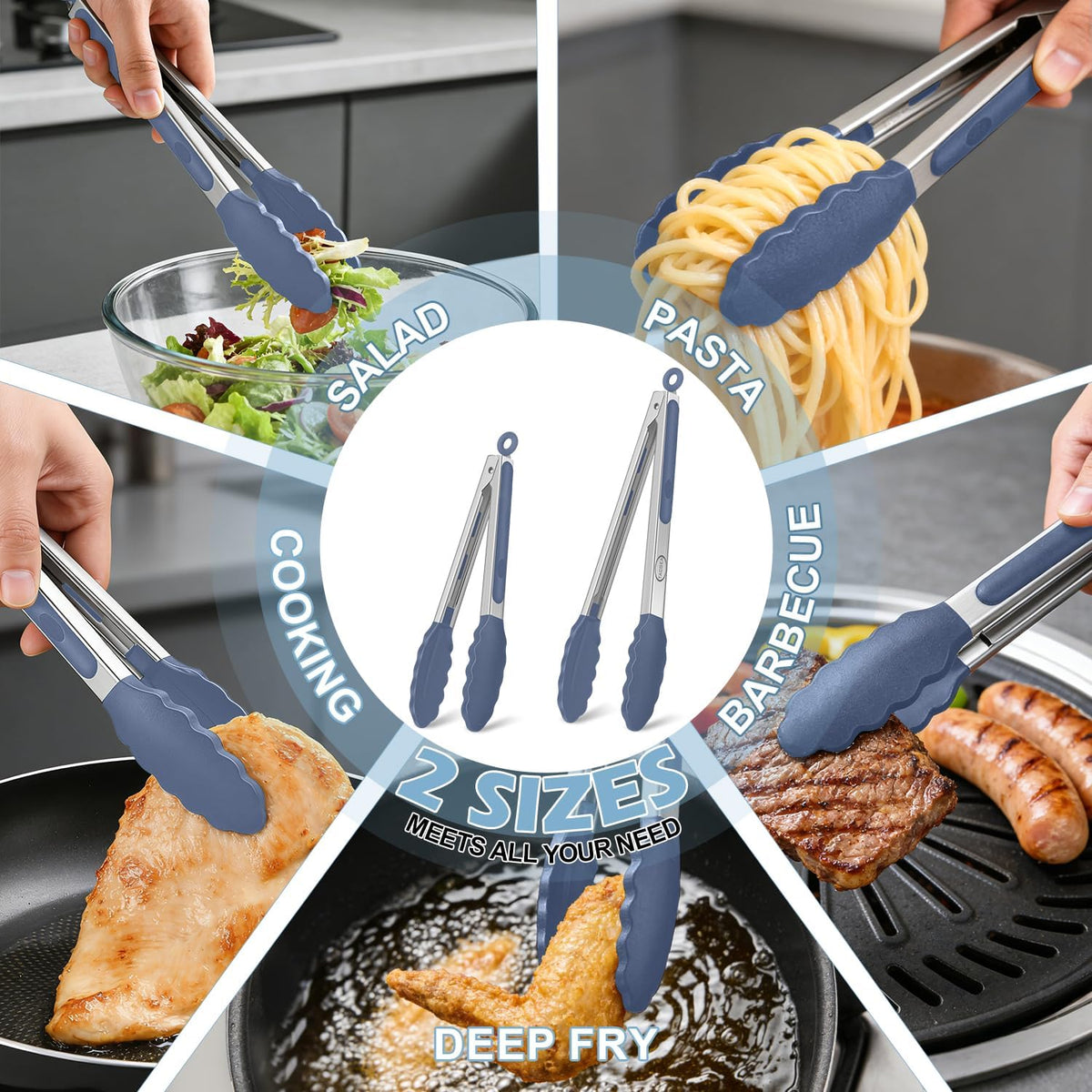 Stainless Steel Kitchen Tongs with Silicone Tips, Locking Grilling Food Tongs, 7" 9" and 12", Set of 3 Black