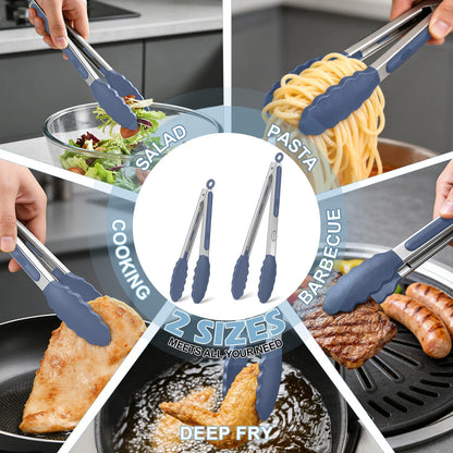 Stainless Steel Kitchen Tongs with Silicone Tips, Locking Grilling Food Tongs, 7" 9" and 12", Set of 3 Black