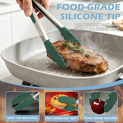 Stainless Steel Kitchen Tongs with Silicone Tips, Locking Grilling Food Tongs, 7" 9" and 12", Set of 3 Black
