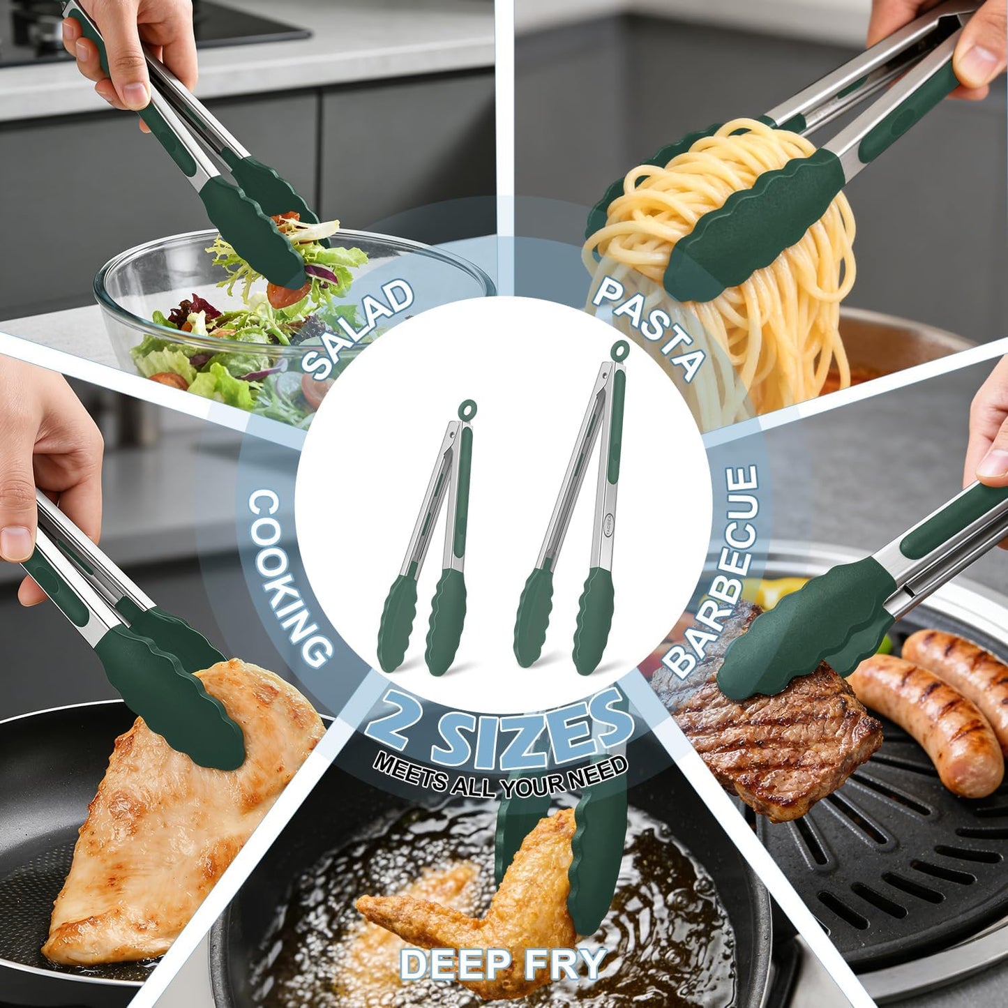 Stainless Steel Kitchen Tongs with Silicone Tips, Locking Grilling Food Tongs, 7" 9" and 12", Set of 3 Black