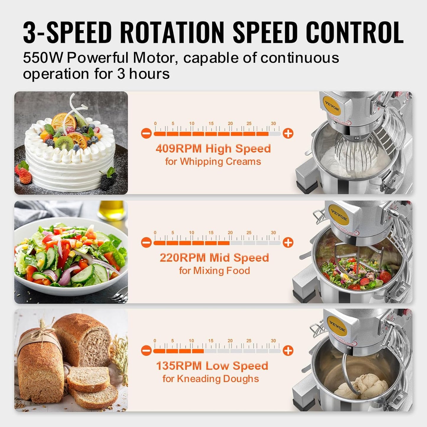 Commercial Food Mixer 15Qt, Commercial Mixer with 3 Adjustable Speeds, 550W Dough Mixer,Commercial Stand Mixer with Stainless Steel Bowl