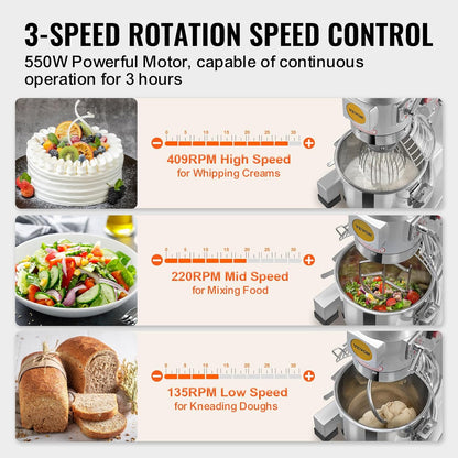 Commercial Food Mixer 15Qt, Commercial Mixer with 3 Adjustable Speeds, 550W Dough Mixer,Commercial Stand Mixer with Stainless Steel Bowl