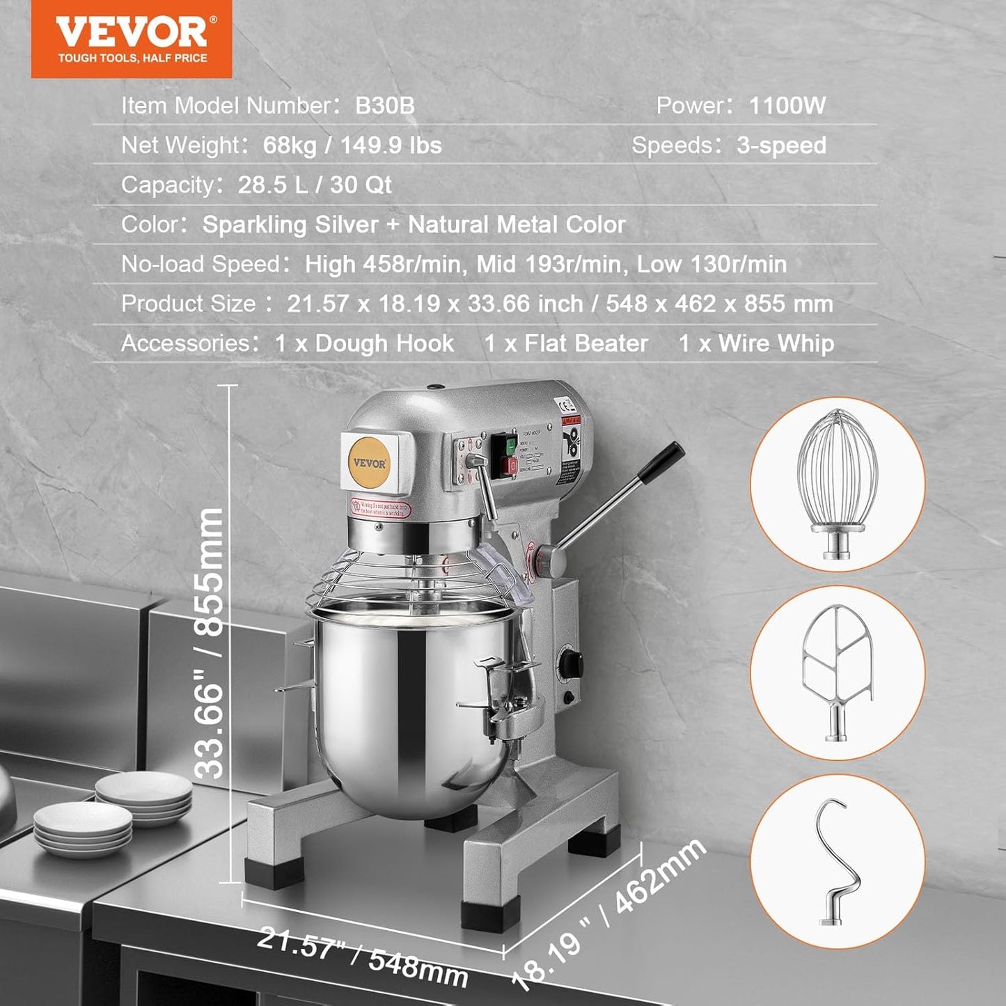 Commercial Food Mixer 15Qt, Commercial Mixer with 3 Adjustable Speeds, 550W Dough Mixer,Commercial Stand Mixer with Stainless Steel Bowl