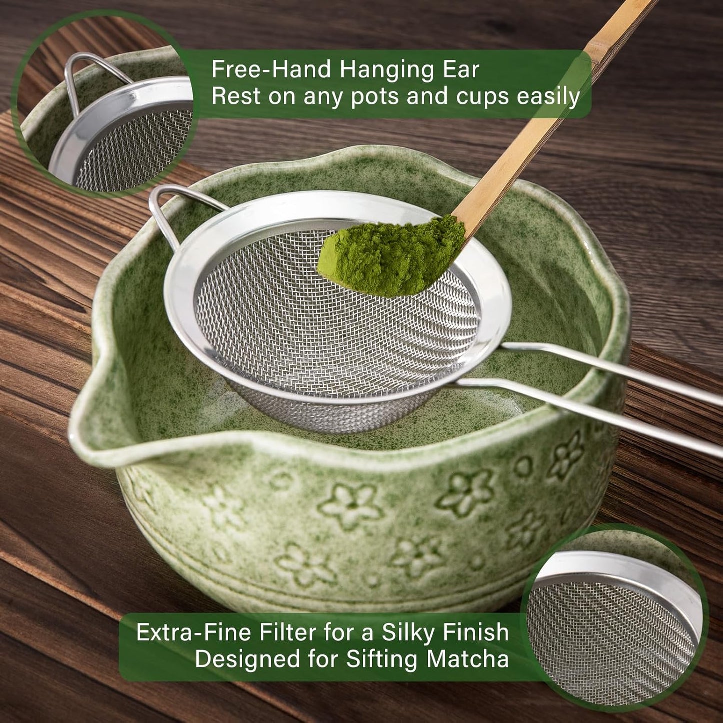Matcha Whisk Set - 7 Pcs Ceramic Matcha Kit with 18oz Spout Bowl & Cherry Blossom Design, Bamboo Whisk & Holder, Scoop, Rest, Sifter, Towel, Elegant Japanese Tea Gift Set for Macha Lover, Green
