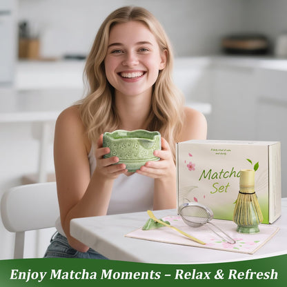 Matcha Whisk Set - 7 Pcs Ceramic Matcha Kit with 18oz Spout Bowl & Cherry Blossom Design, Bamboo Whisk & Holder, Scoop, Rest, Sifter, Towel, Elegant Japanese Tea Gift Set for Macha Lover, Green