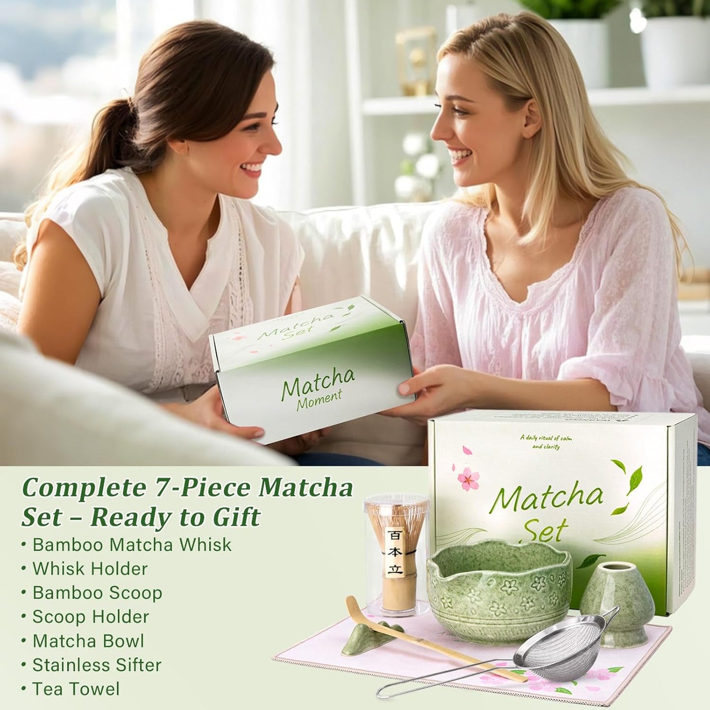 Matcha Whisk Set - 7 Pcs Ceramic Matcha Kit with 18oz Spout Bowl & Cherry Blossom Design, Bamboo Whisk & Holder, Scoop, Rest, Sifter, Towel, Elegant Japanese Tea Gift Set for Macha Lover, Green