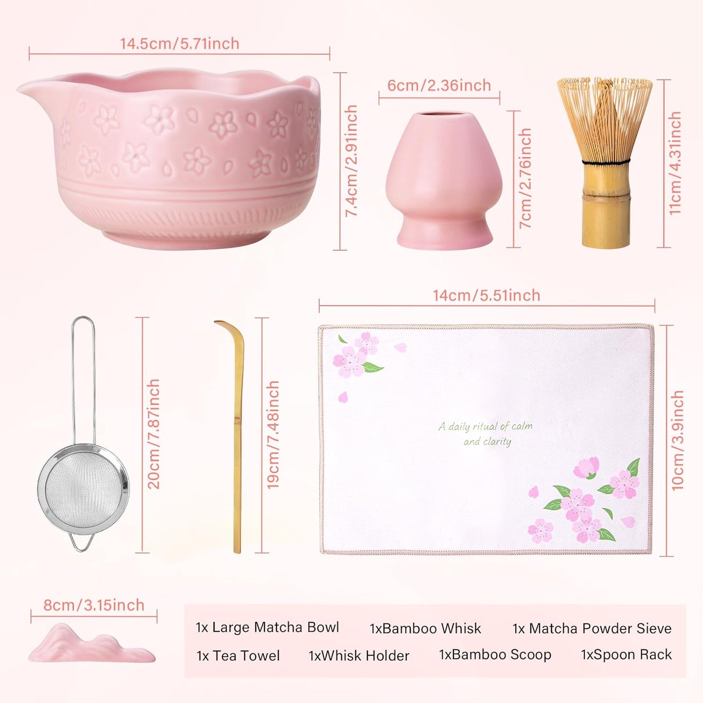 Matcha Whisk Set - 7 Pcs Ceramic Matcha Kit with 18oz Spout Bowl & Cherry Blossom Design, Bamboo Whisk & Holder, Scoop, Rest, Sifter, Towel, Elegant Japanese Tea Gift Set for Macha Lover, Green