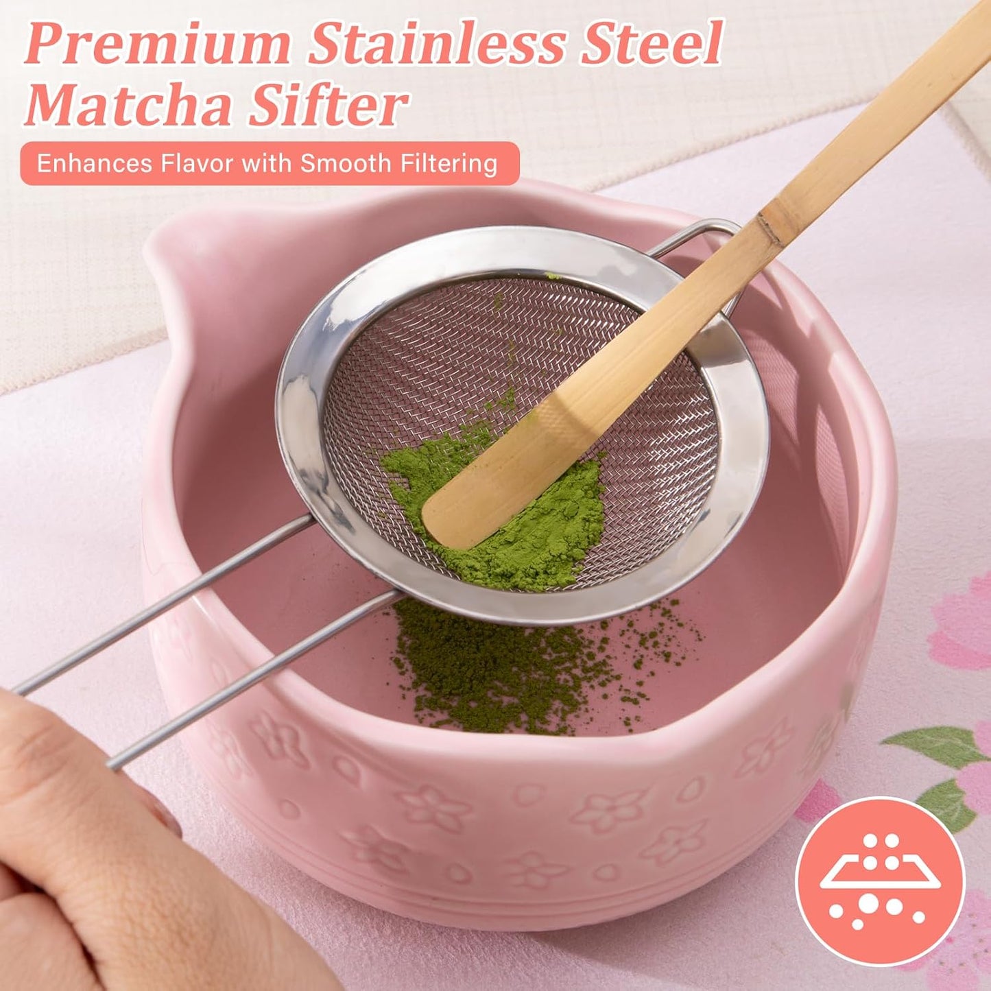 Matcha Whisk Set - 7 Pcs Ceramic Matcha Kit with 18oz Spout Bowl & Cherry Blossom Design, Bamboo Whisk & Holder, Scoop, Rest, Sifter, Towel, Elegant Japanese Tea Gift Set for Macha Lover, Green