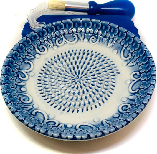 Premium Ceramic Garlic Grater Plate Set - Blue Embossed | Includes 5.25" Plate, Peeler, Brush, and Stand - For Strawberries, Ginger, Chocolate, Cheese, and more - Make your own puree!