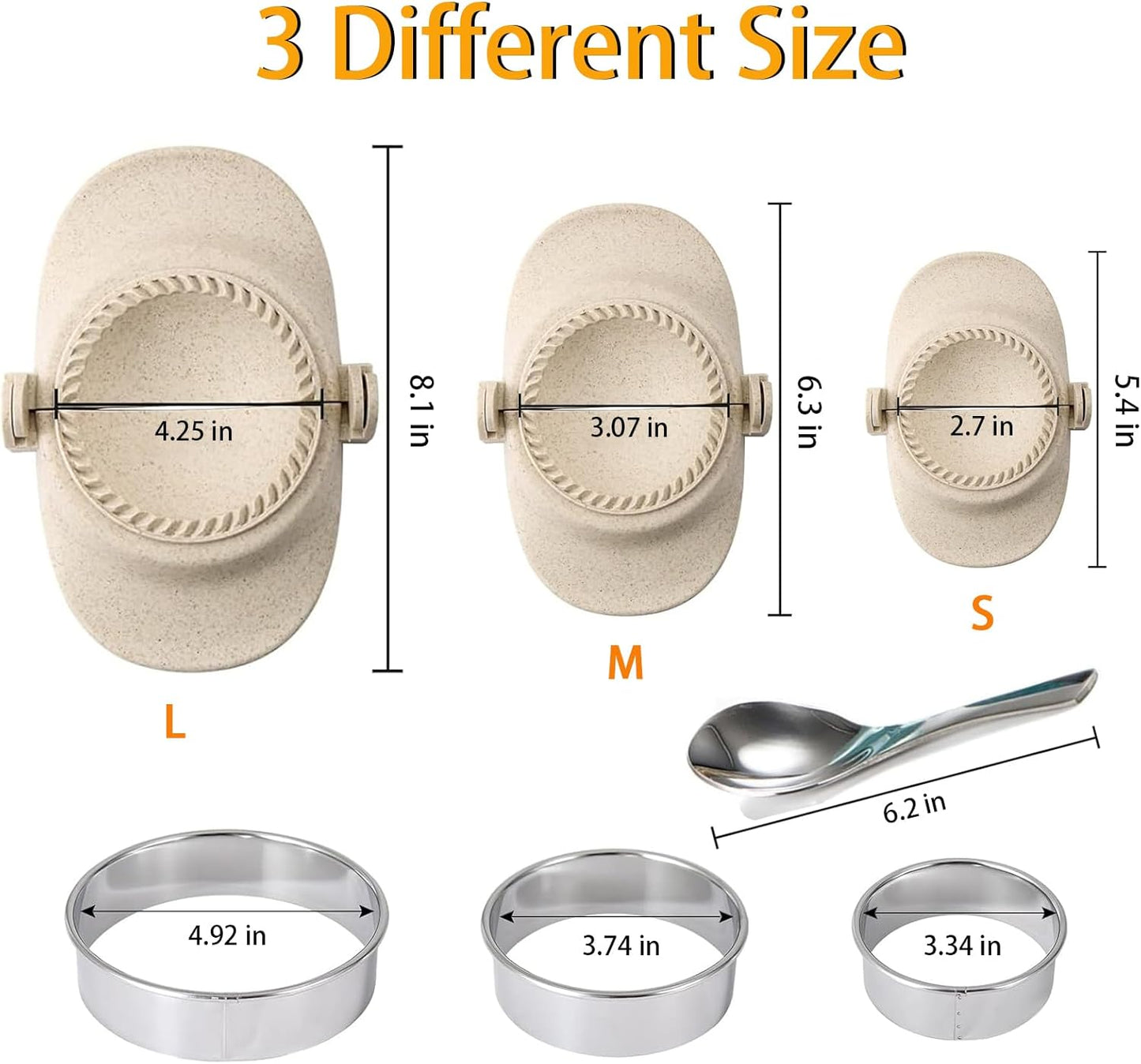 Dumpling Maker, Empanada Maker Press Multiple Size Dumpling Mold Set with Dough Cutter & Stuffing Spoon, Dumpling Maker Kit for Pierogi Gyoza Ravioli Chinese Dumpling, 3 Sizes (4.2"+3"+2.7")