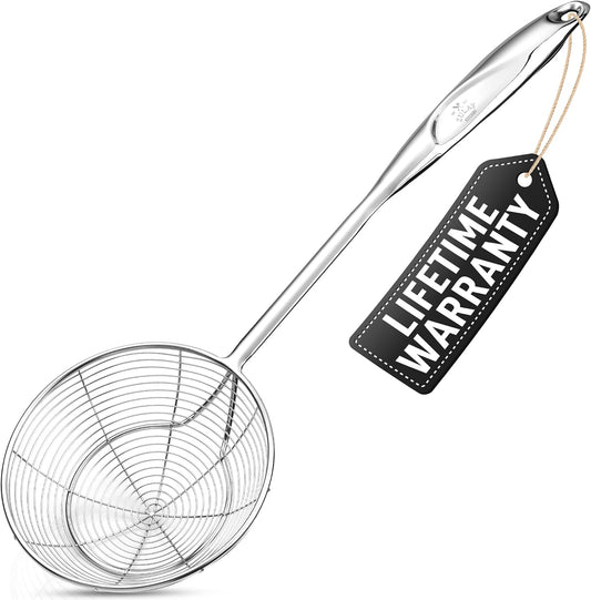 Premium Stainless Steel Skimmer Strainer Ladle - 15” Large Straining Spoon for Frying, Boiling & Blanching - Durable, Rust-Resistant & Heat-Proof Kitchen Tool for Everyday Use