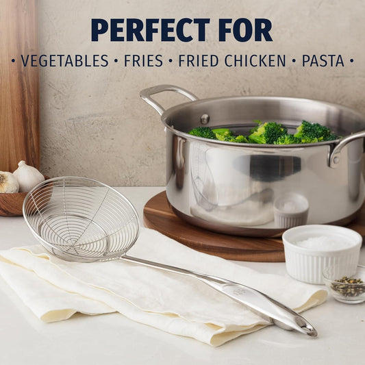 Premium Stainless Steel Skimmer Strainer Ladle - 15” Large Straining Spoon for Frying, Boiling & Blanching - Durable, Rust-Resistant & Heat-Proof Kitchen Tool for Everyday Use