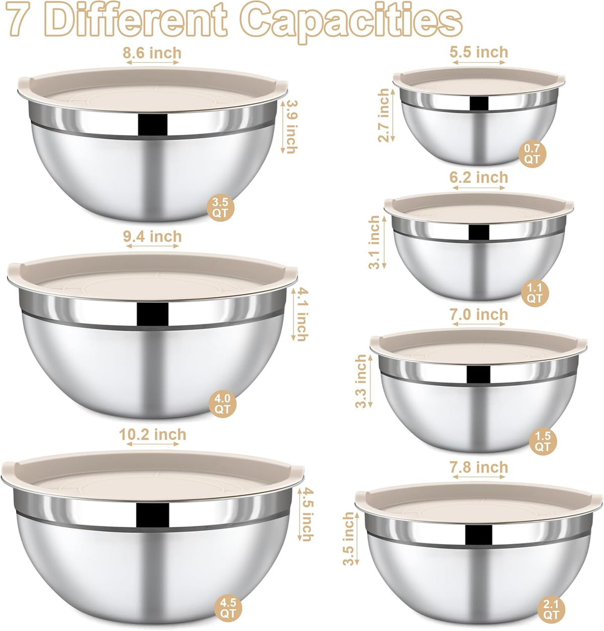 7 Piece Stainless Steel Mixing Bowls with Lids Set - Khaki Nesting Metal Mixing Bowls for Kitchen, Sizes 4.5, 4, 3.5, 2.1, 1.5, 1.1, 0.7 Qt for Baking, Cooking and Serving, Dishwasher Safe