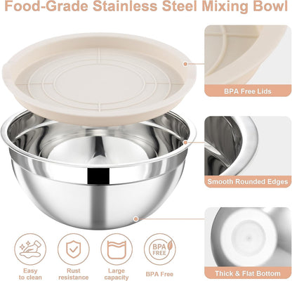 7 Piece Stainless Steel Mixing Bowls with Lids Set - Khaki Nesting Metal Mixing Bowls for Kitchen, Sizes 4.5, 4, 3.5, 2.1, 1.5, 1.1, 0.7 Qt for Baking, Cooking and Serving, Dishwasher Safe