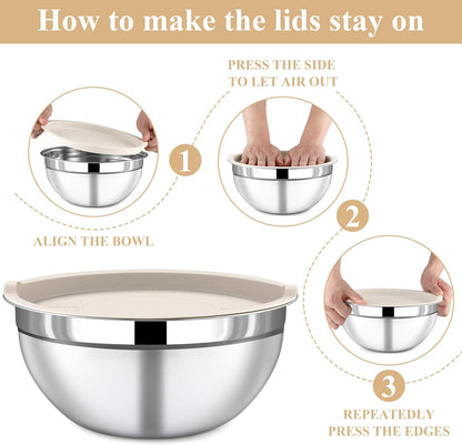 7 Piece Stainless Steel Mixing Bowls with Lids Set - Khaki Nesting Metal Mixing Bowls for Kitchen, Sizes 4.5, 4, 3.5, 2.1, 1.5, 1.1, 0.7 Qt for Baking, Cooking and Serving, Dishwasher Safe