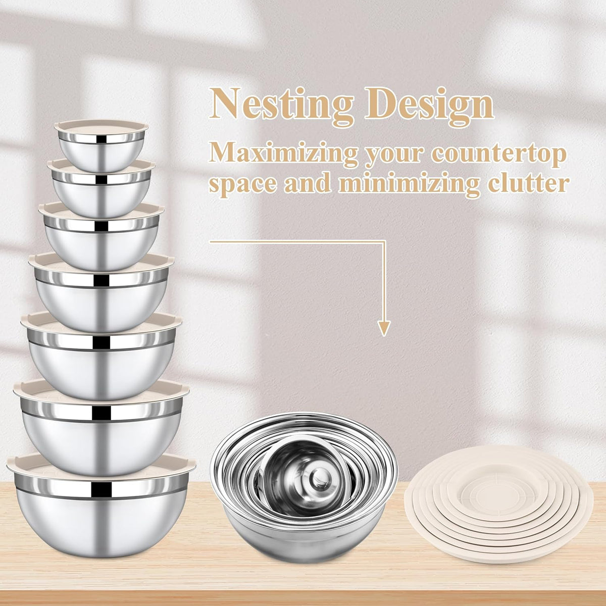 7 Piece Stainless Steel Mixing Bowls with Lids Set - Khaki Nesting Metal Mixing Bowls for Kitchen, Sizes 4.5, 4, 3.5, 2.1, 1.5, 1.1, 0.7 Qt for Baking, Cooking and Serving, Dishwasher Safe