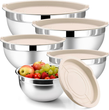 7 Piece Stainless Steel Mixing Bowls with Lids Set - Khaki Nesting Metal Mixing Bowls for Kitchen, Sizes 4.5, 4, 3.5, 2.1, 1.5, 1.1, 0.7 Qt for Baking, Cooking and Serving, Dishwasher Safe