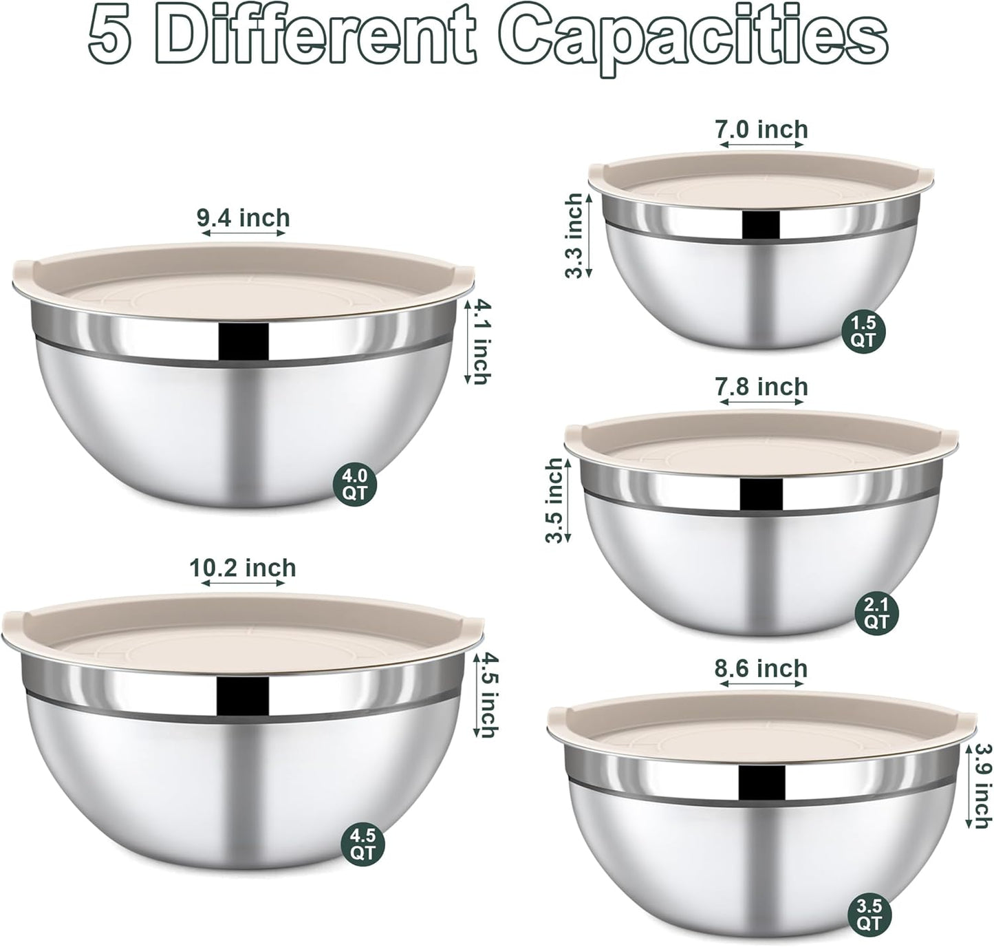 7 Piece Stainless Steel Mixing Bowls with Lids Set - Khaki Nesting Metal Mixing Bowls for Kitchen, Sizes 4.5, 4, 3.5, 2.1, 1.5, 1.1, 0.7 Qt for Baking, Cooking and Serving, Dishwasher Safe