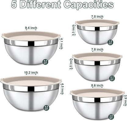 7 Piece Stainless Steel Mixing Bowls with Lids Set - Khaki Nesting Metal Mixing Bowls for Kitchen, Sizes 4.5, 4, 3.5, 2.1, 1.5, 1.1, 0.7 Qt for Baking, Cooking and Serving, Dishwasher Safe