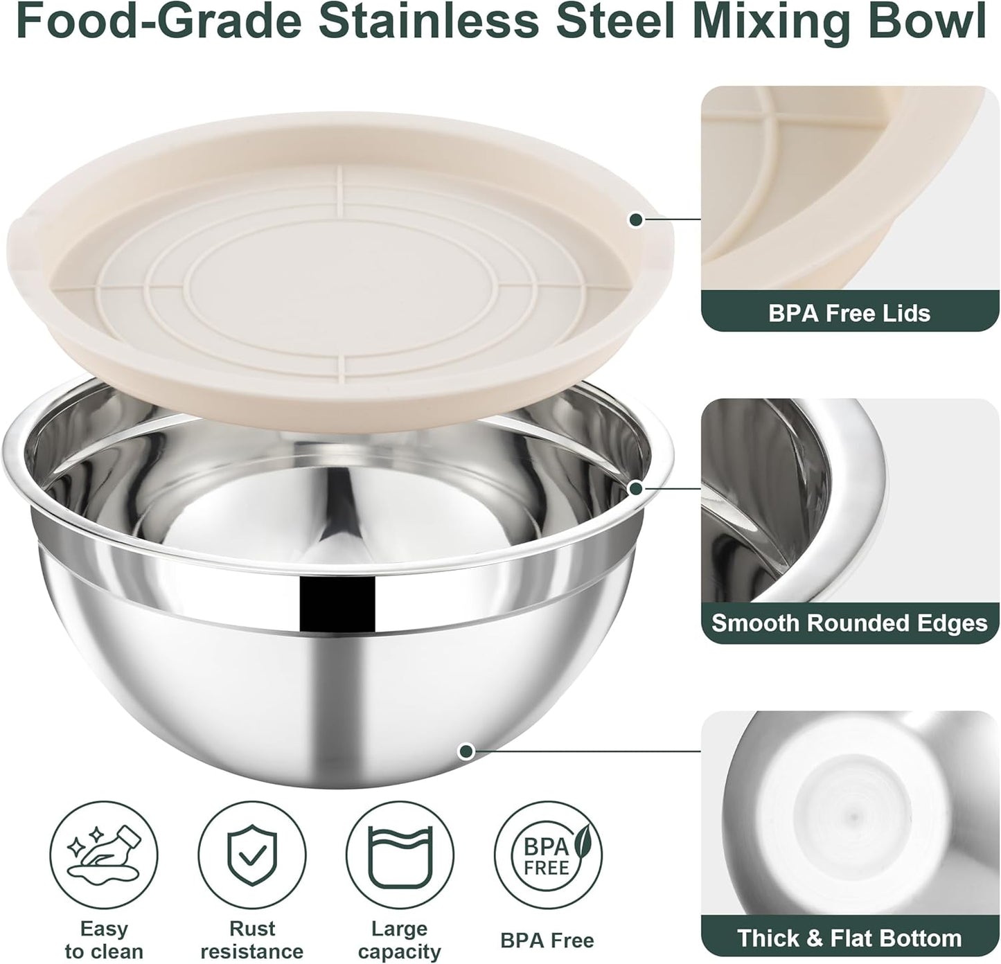 7 Piece Stainless Steel Mixing Bowls with Lids Set - Khaki Nesting Metal Mixing Bowls for Kitchen, Sizes 4.5, 4, 3.5, 2.1, 1.5, 1.1, 0.7 Qt for Baking, Cooking and Serving, Dishwasher Safe
