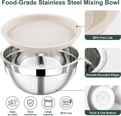 7 Piece Stainless Steel Mixing Bowls with Lids Set - Khaki Nesting Metal Mixing Bowls for Kitchen, Sizes 4.5, 4, 3.5, 2.1, 1.5, 1.1, 0.7 Qt for Baking, Cooking and Serving, Dishwasher Safe