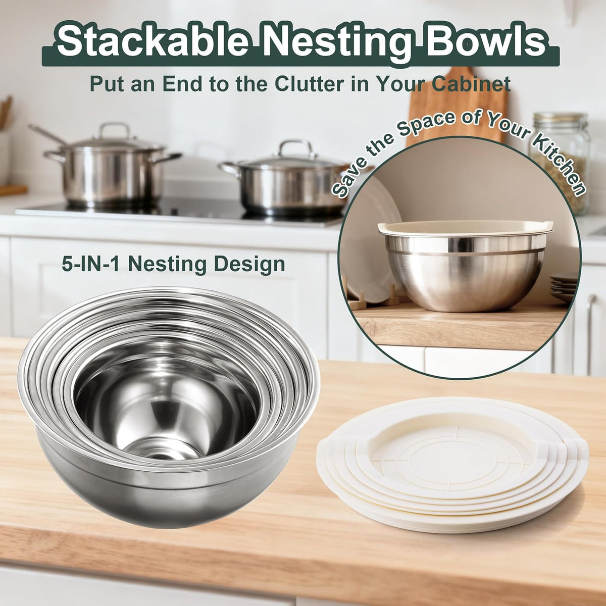 7 Piece Stainless Steel Mixing Bowls with Lids Set - Khaki Nesting Metal Mixing Bowls for Kitchen, Sizes 4.5, 4, 3.5, 2.1, 1.5, 1.1, 0.7 Qt for Baking, Cooking and Serving, Dishwasher Safe