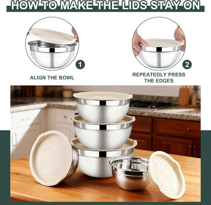7 Piece Stainless Steel Mixing Bowls with Lids Set - Khaki Nesting Metal Mixing Bowls for Kitchen, Sizes 4.5, 4, 3.5, 2.1, 1.5, 1.1, 0.7 Qt for Baking, Cooking and Serving, Dishwasher Safe