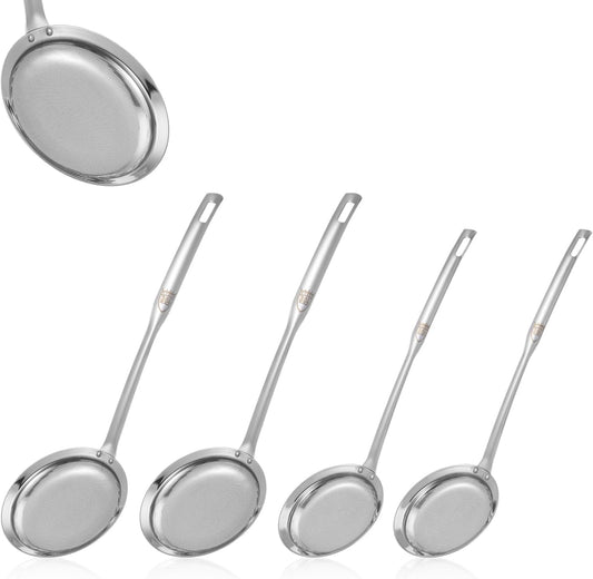 Stainless Steel Fine Mesh Strainer Set of 4, 2 Sizes Fine Mesh Kitchen Sieve for Cooking, Long Handle Food Strainer Skimmer Spoon Grease Separator