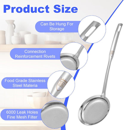 Stainless Steel Fine Mesh Strainer Set of 4, 2 Sizes Fine Mesh Kitchen Sieve for Cooking, Long Handle Food Strainer Skimmer Spoon Grease Separator