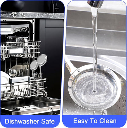 Stainless Steel Fine Mesh Strainer Set of 4, 2 Sizes Fine Mesh Kitchen Sieve for Cooking, Long Handle Food Strainer Skimmer Spoon Grease Separator